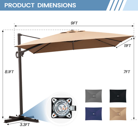 Crestlive Products 11x9ft Aluminum Crank Cantilever Patio Umbrella with Base Options