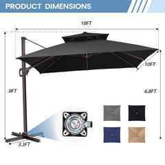 Product dimensions for black 10x10 ft square cross base patio umbrella showing 9ft height and 6.3 inch hole distance
