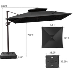 Size guide for Crestlive 10x10 ft square black cantilever umbrella showing 8.8ft total height and wheeled mobile base