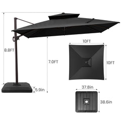 Size guide for Crestlive 10x10 ft square black cantilever umbrella showing 8.8ft total height and low-profile base