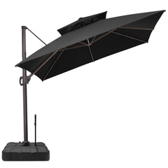 Crestlive black double top cantilever offset patio umbrella tilted to the side with heavy duty weighted base and handle.