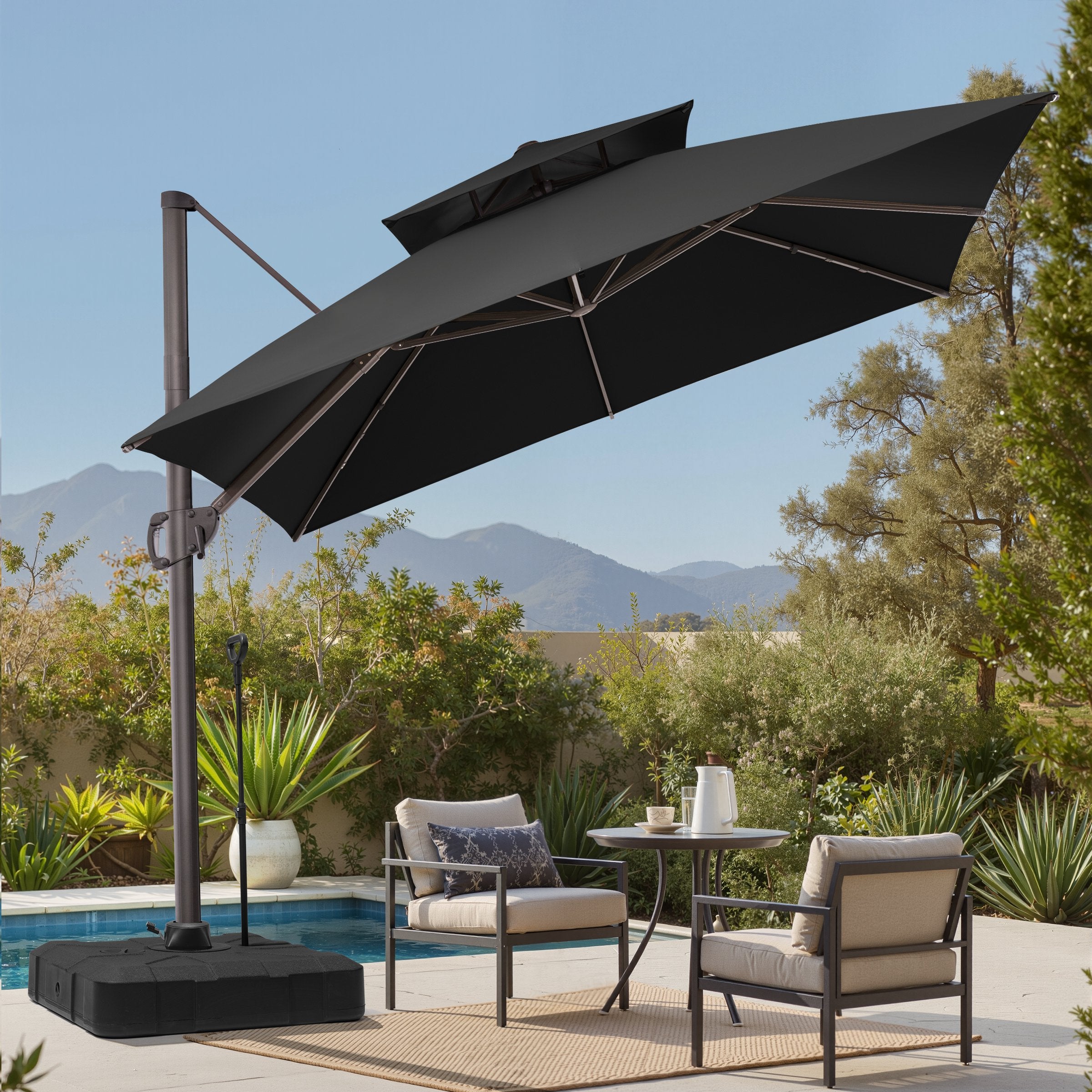 ilted 10x10 ft square black cantilever patio umbrella with wheeled base shading a poolside dining set