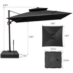Size guide for Crestlive 10x10 ft square black cantilever umbrella showing 8.8ft total height and heavy-duty base