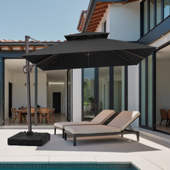 Crestlive 12x9 ft black patio cantilever umbrella with heavy-duty base shading poolside lounge chairs at a modern villa