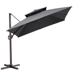 Tilted Crestlive 10x10 ft square grey cantilever patio umbrella featuring double top and steel cross base