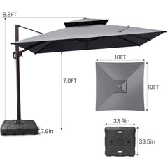 Size guide for Crestlive 10x10 ft square grey cantilever umbrella showing 8.8ft height and wheeled mobile base