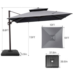 Size guide for Crestlive 10x10 ft square grey cantilever umbrella showing 8.8ft total height and low-profile base