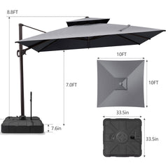 Size guide for Crestlive 10x10 ft square grey cantilever umbrella showing 8.8ft total height and heavy-duty base