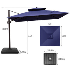 Size guide for Crestlive 10x10 ft square navy blue cantilever umbrella showing 8.8ft total height and low-profile base
