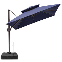 Tilted Crestlive 10x10 ft square navy blue cantilever patio umbrella featuring double top and wheeled mobile base