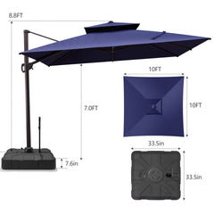 Size guide for Crestlive 10x10 ft square navy blue cantilever umbrella showing 8.8ft total height and heavy-duty base