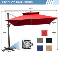 Product dimensions for red 10x10 ft square cross base patio umbrella showing 9ft height and 6.3 inch hole distance