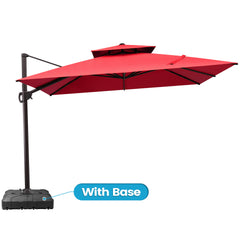 Crestlive 10x10 ft square red patio cantilever umbrella featuring a with base label highlighting the heavy-duty base