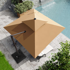 Top-down view of Crestlive 10x10 ft square beige cantilever patio umbrella with heavy-duty base shading a poolside lounge chair