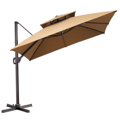 Tilted Crestlive 10x10 ft square beige cantilever patio umbrella with steel cross base