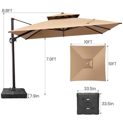 Crestlive Products 10x10ft Aluminum Double Top Crank Cantilever Patio Umbrella with Base