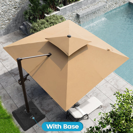 Crestlive Products 10x10ft Aluminum Double Top Crank Cantilever Patio Umbrella with Base