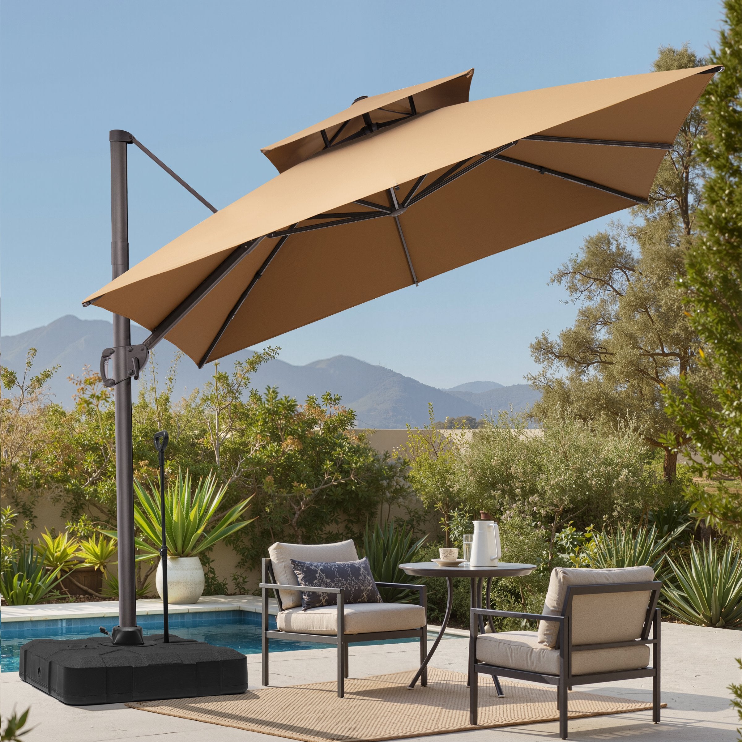 cantilever patio umbrella with wheeled base Crestlive Products Crestlive Outdoor 13 x 10ft Tilt Angles and 360-degree Rotation Tan 10 FT x 10 FT Base Outdoor Patio Furniture | Sol
