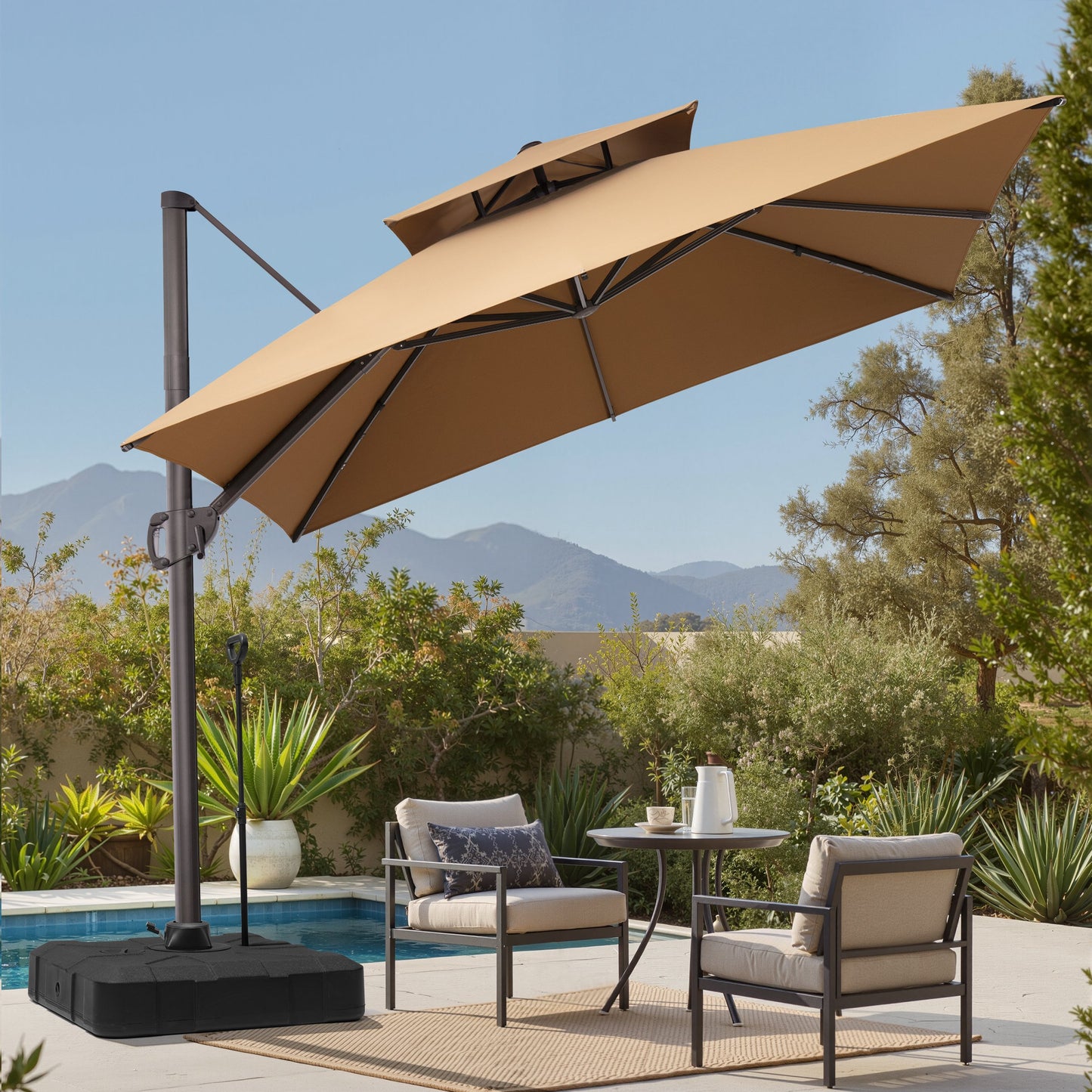 Crestlive Products 10x10ft Aluminum Double Top Crank Cantilever Patio Umbrella with Base