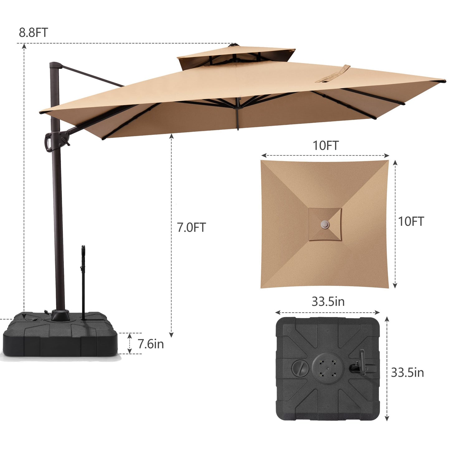 Crestlive Products 10x10ft Aluminum Double Top Crank Cantilever Patio Umbrella with Base