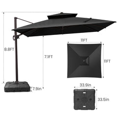 11x11 ft Square Aluminum Cantilever Patio Umbrella with Double Top (Base Options)