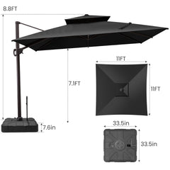 11x11 ft Square Aluminum Cantilever Patio Umbrella with Double Top (Base Options)