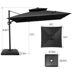 11x11 ft Square Aluminum Cantilever Patio Umbrella with Double Top (Base Options)
