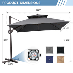 11x11 ft Square Aluminum Cantilever Patio Umbrella with Double Top (Base Options)