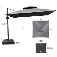 11x11 ft Square Aluminum Cantilever Patio Umbrella with Double Top (Base Options)
