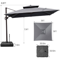 11x11 ft Square Aluminum Cantilever Patio Umbrella with Double Top (Base Options)