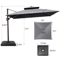11x11 ft Square Aluminum Cantilever Patio Umbrella with Double Top (Base Options)