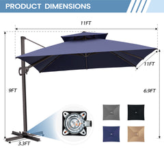 11x11 ft Square Aluminum Cantilever Patio Umbrella with Double Top (Base Options)