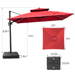 11x11 ft Square Aluminum Cantilever Patio Umbrella with Double Top (Base Options)