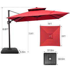 11x11 ft Square Aluminum Cantilever Patio Umbrella with Double Top (Base Options)