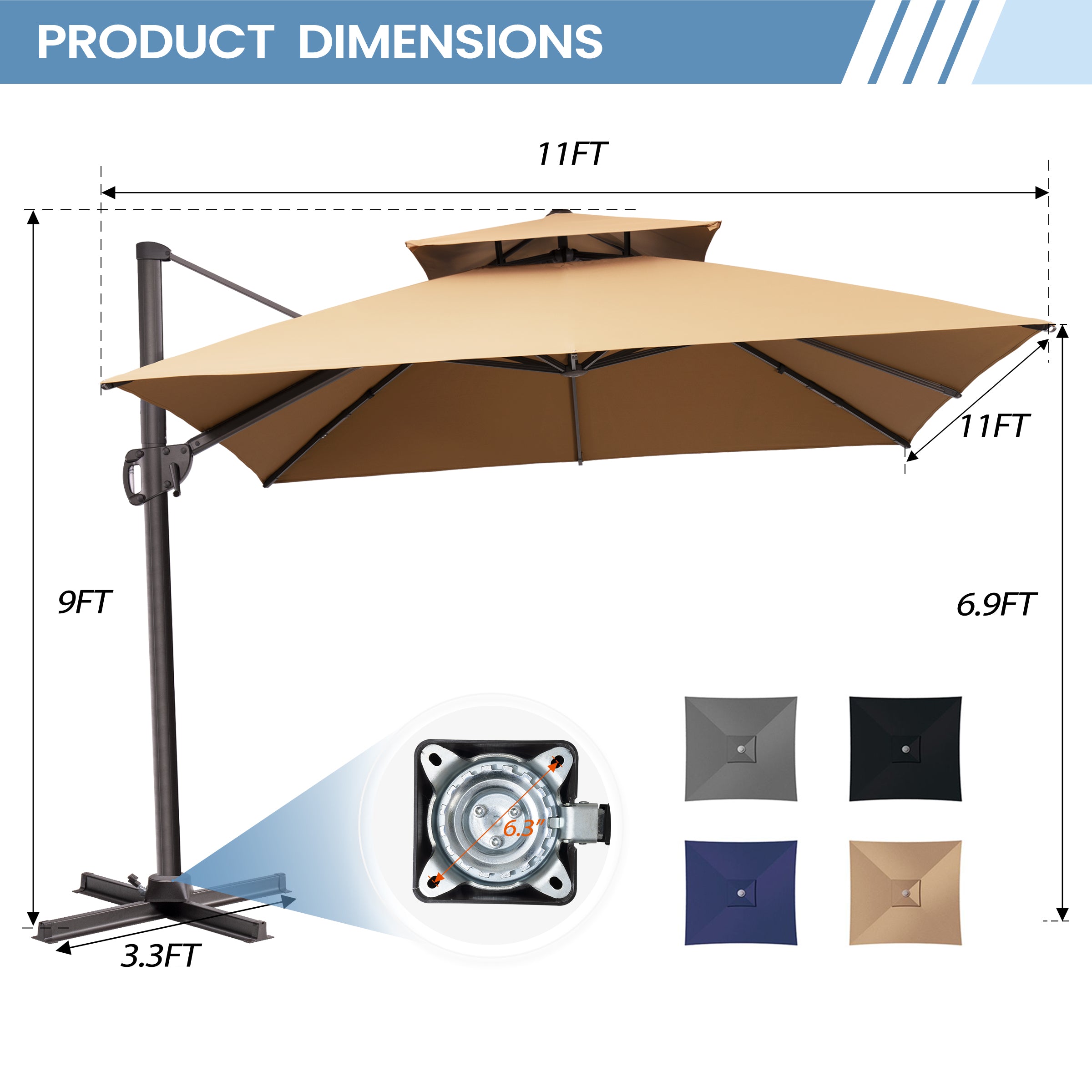 11x11 ft Square Aluminum Cantilever Umbrella - Double Top