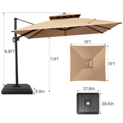 11x11 ft Square Aluminum Cantilever Patio Umbrella with Double Top (Base Options)