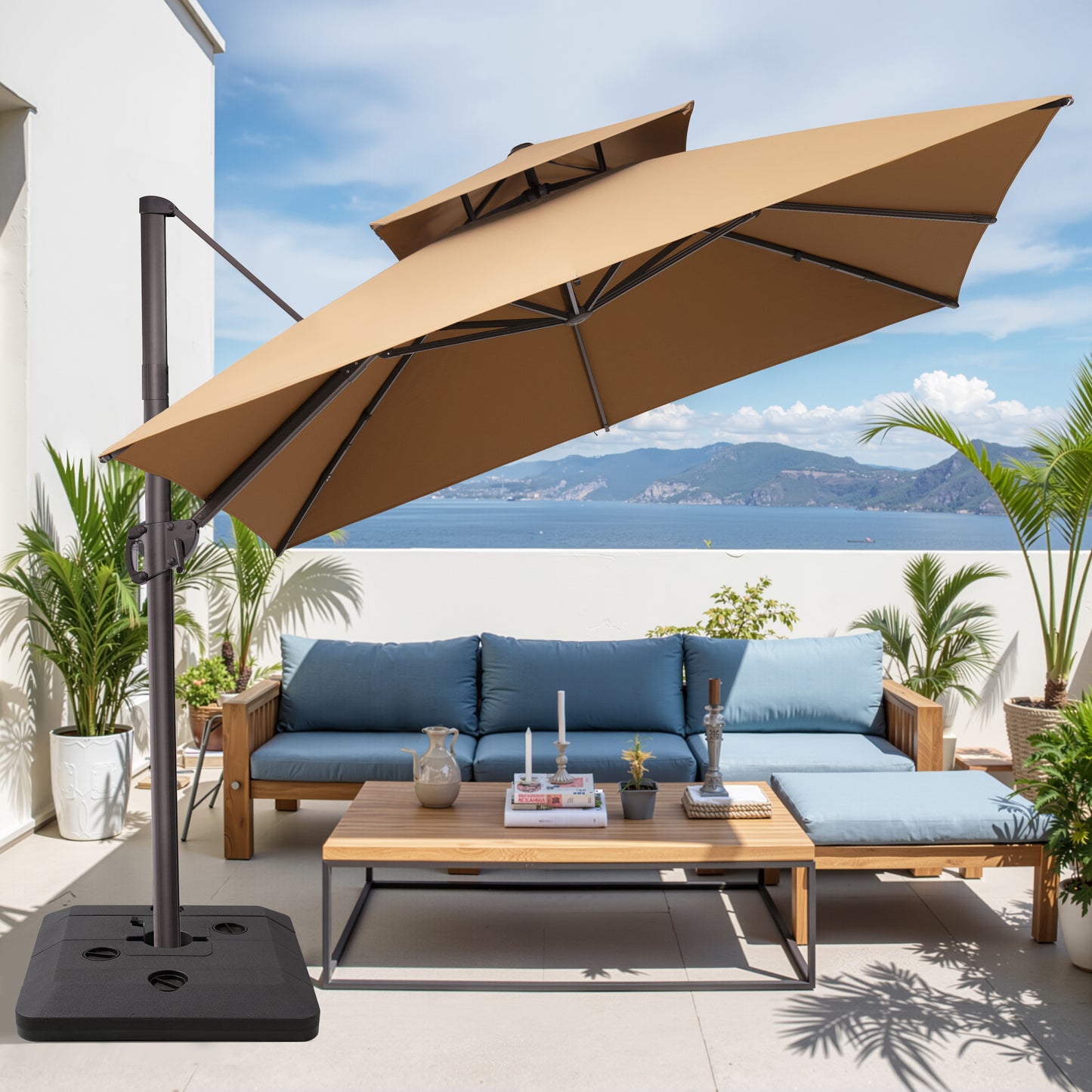 Crestlive Products 11x11ft Aluminum Double Top Crank Cantilever Patio Umbrella with Base