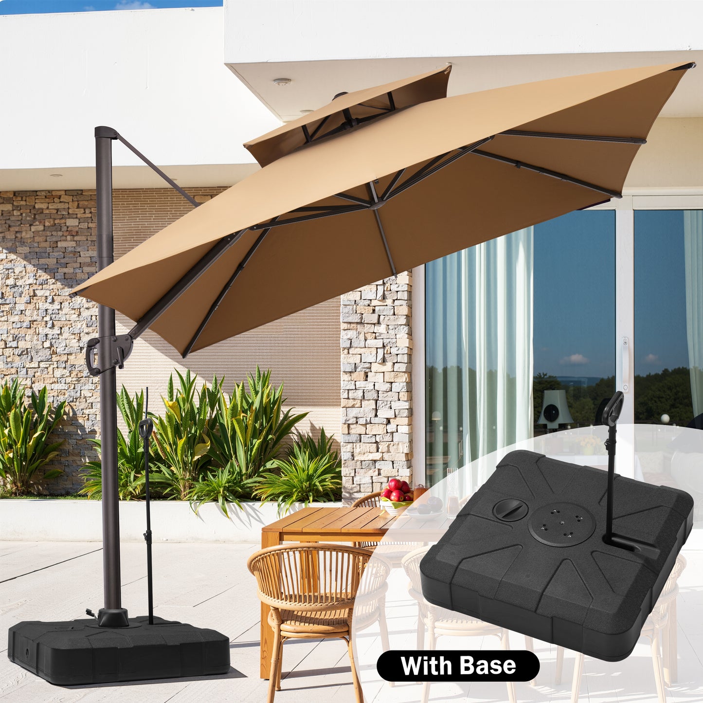 Crestlive Products 11x11ft Aluminum Double Top Crank Cantilever Patio Umbrella with Base