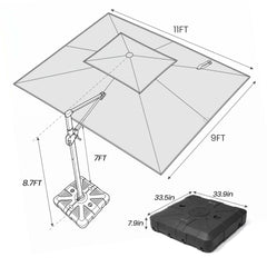 11x9 ft Aluminum Cantilever Patio Umbrella with Double Top (Base Options)