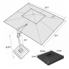 11x9 ft Aluminum Cantilever Patio Umbrella with Double Top (Base Options)