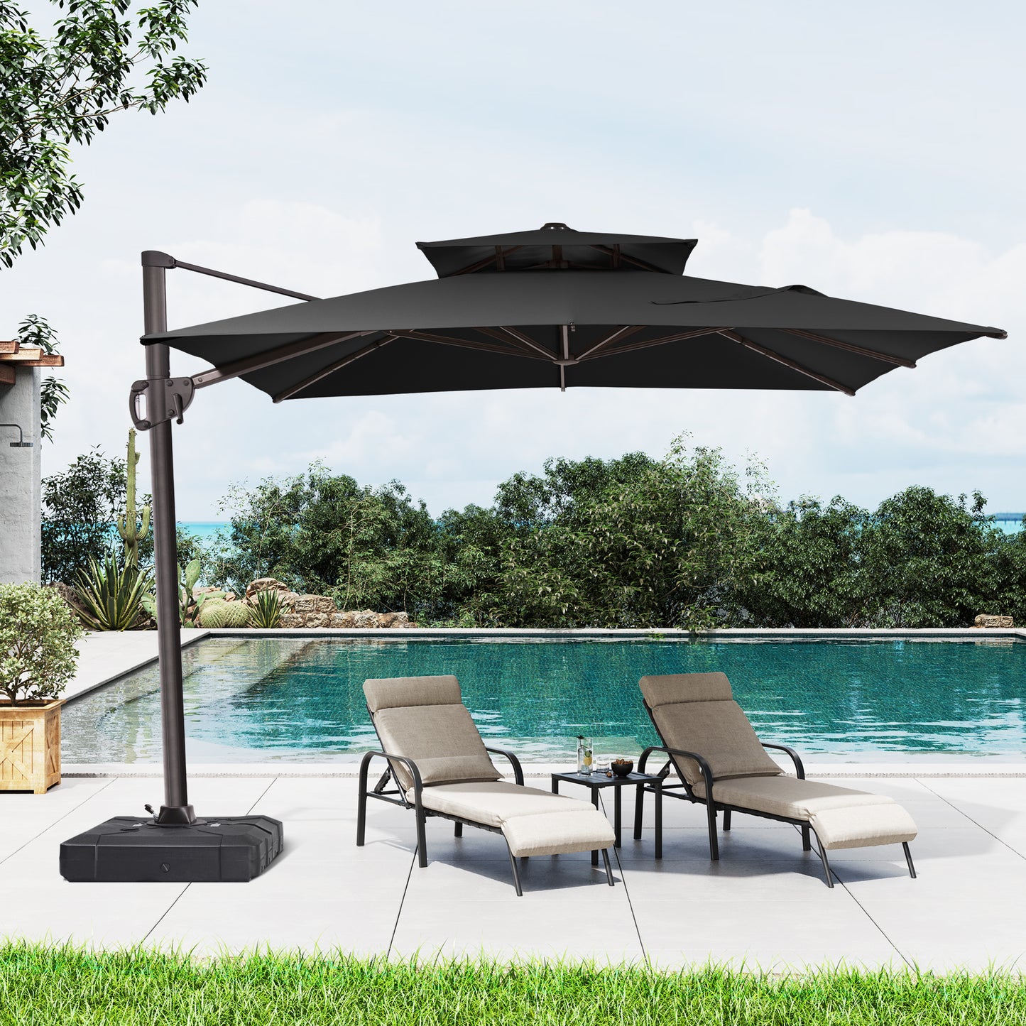 Crestlive Products 11x9ft Aluminum Double Top Crank Cantilever Patio Umbrella with Base
