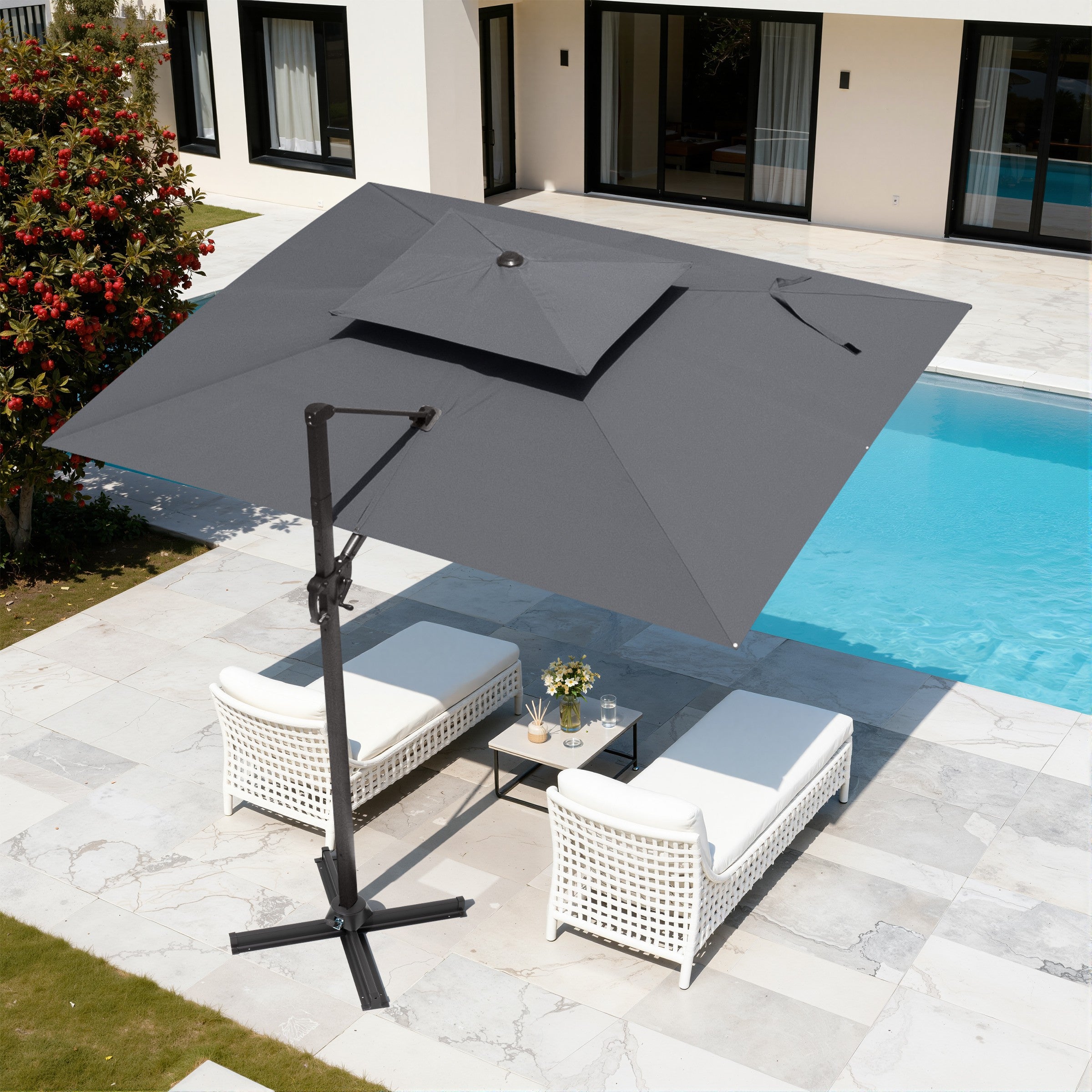 9 ft x 11 ft Outdoor Dual Top Patio Cantilever Umbrella LED Light with Wheel Base