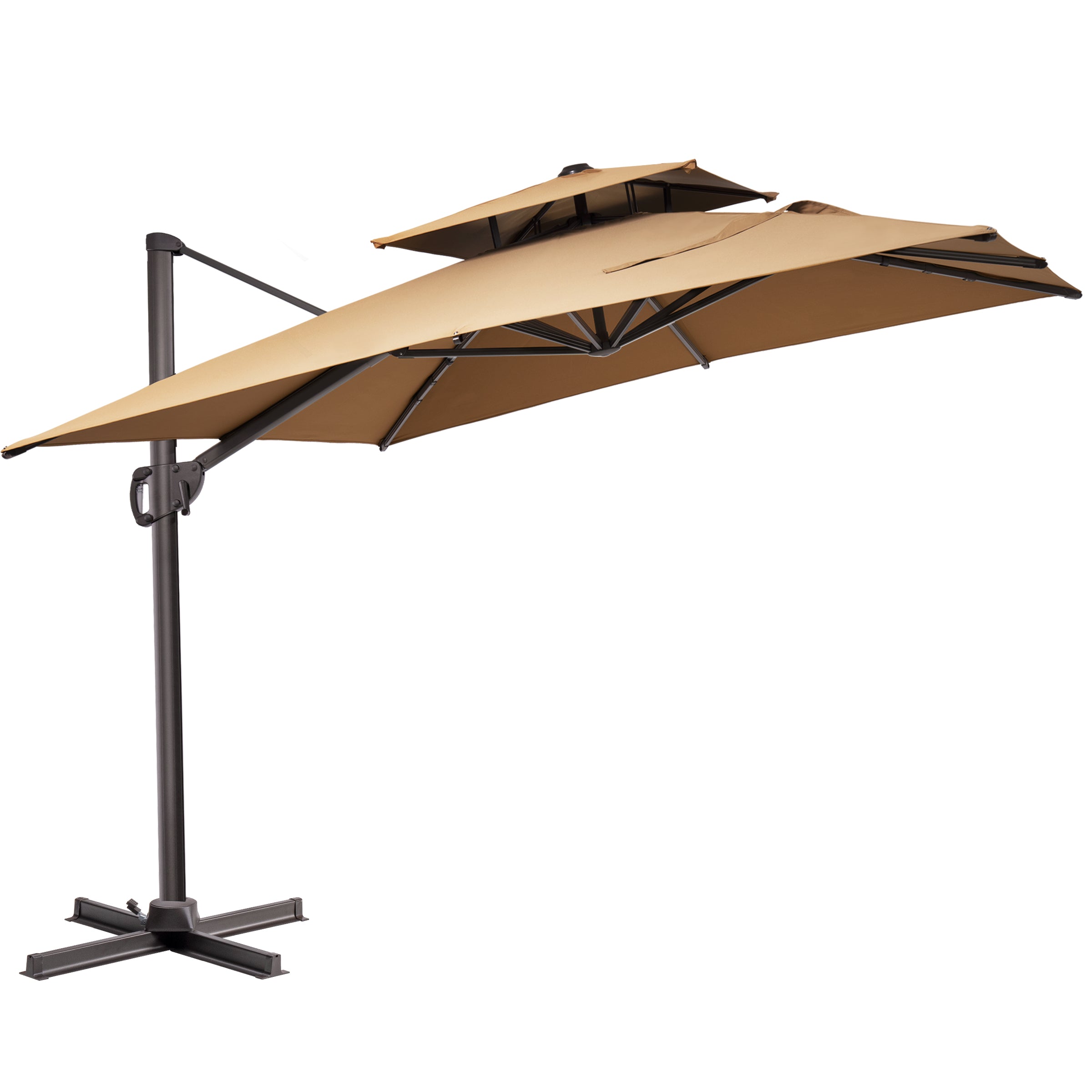 double vented patio umbrella with tilt in tan beige natural 11x9 ft Aluminum Cantilever Umbrella with LED Strip Lights