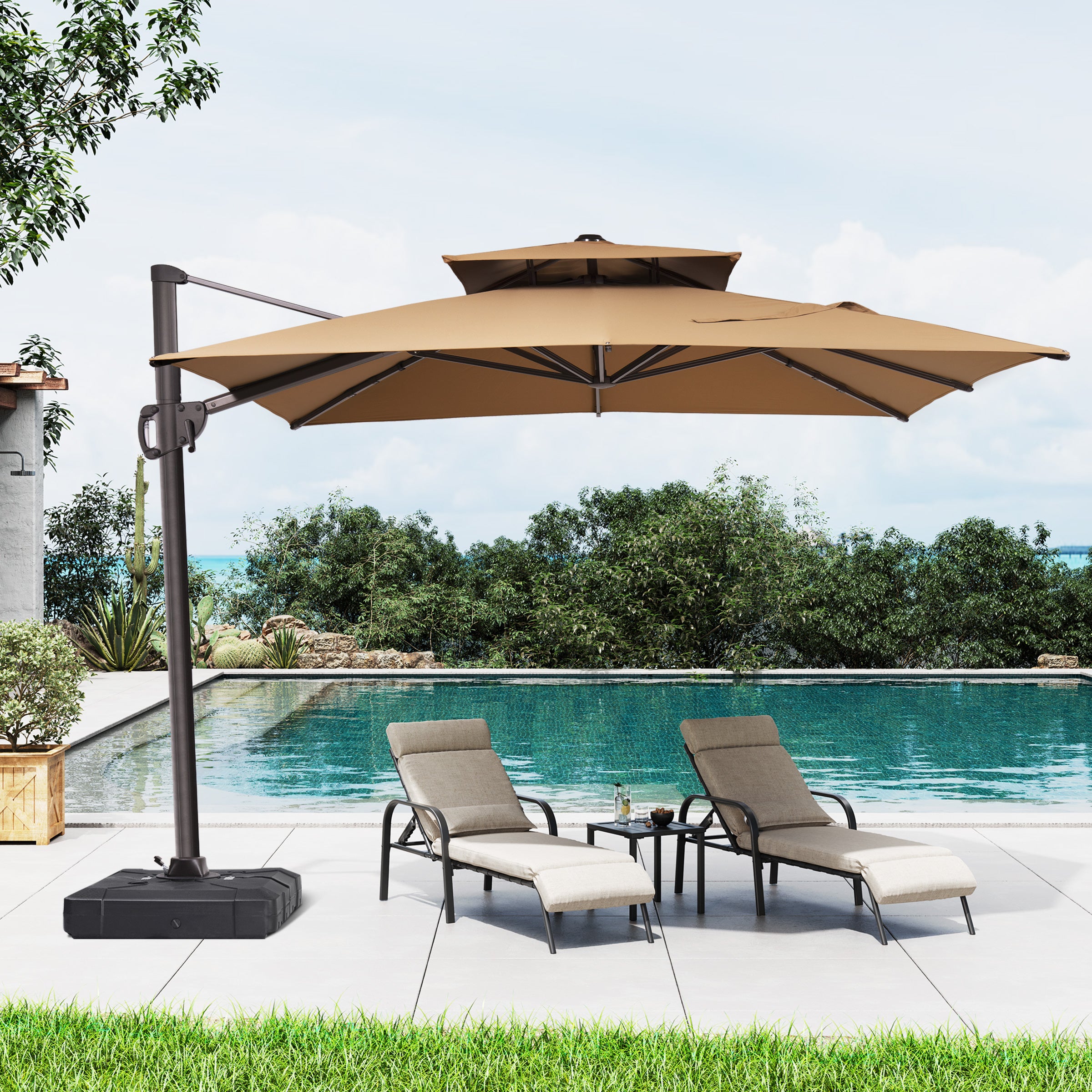 beige rectangular patio umbrella 11x9 ft Aluminum Double Top Cantilever Umbrella