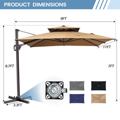 11x9 ft Aluminum Cantilever Patio Umbrella with Double Top (Base Options)