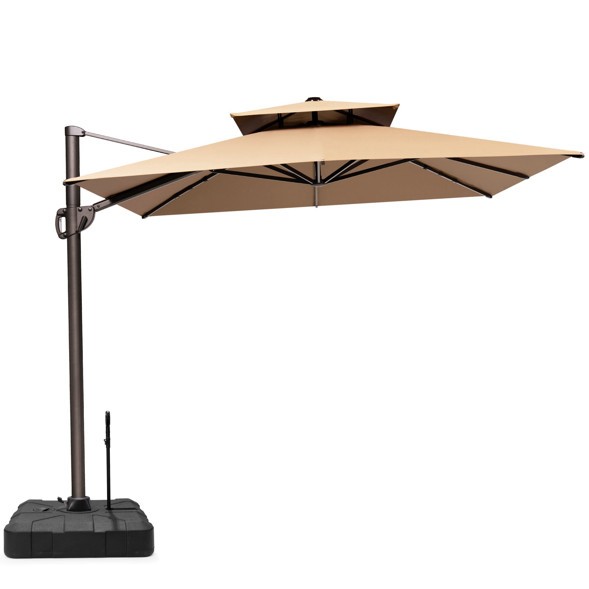 double vented patio umbrella with tilt in tan beige natural | Auto-Tilt, Wind Resistant, Woodgrain Finish | Commercial Grade | Sunbrella Antique lasting sun protection 11x9 ft Cantilever Umbrella -