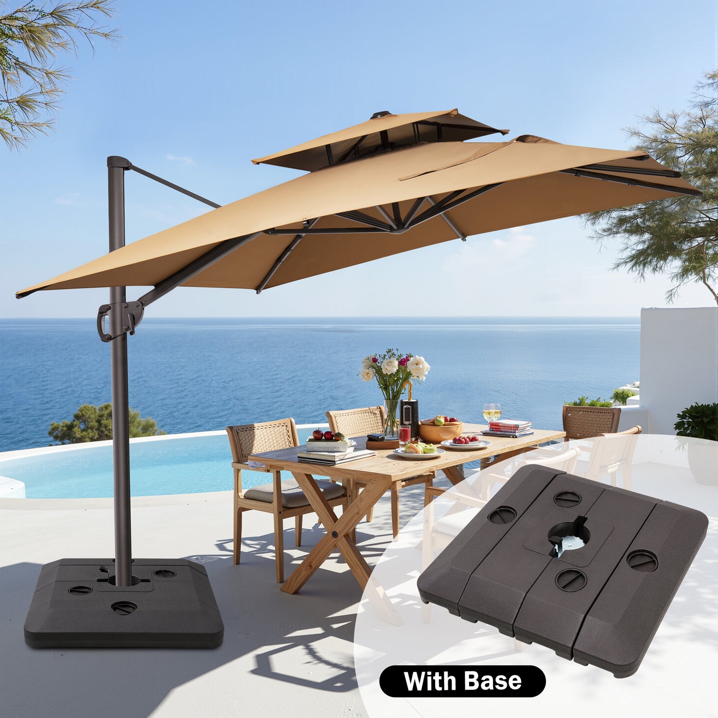 Crestlive Products 9x11ft Aluminum Double Top Crank Cantilever Patio Umbrella with Base