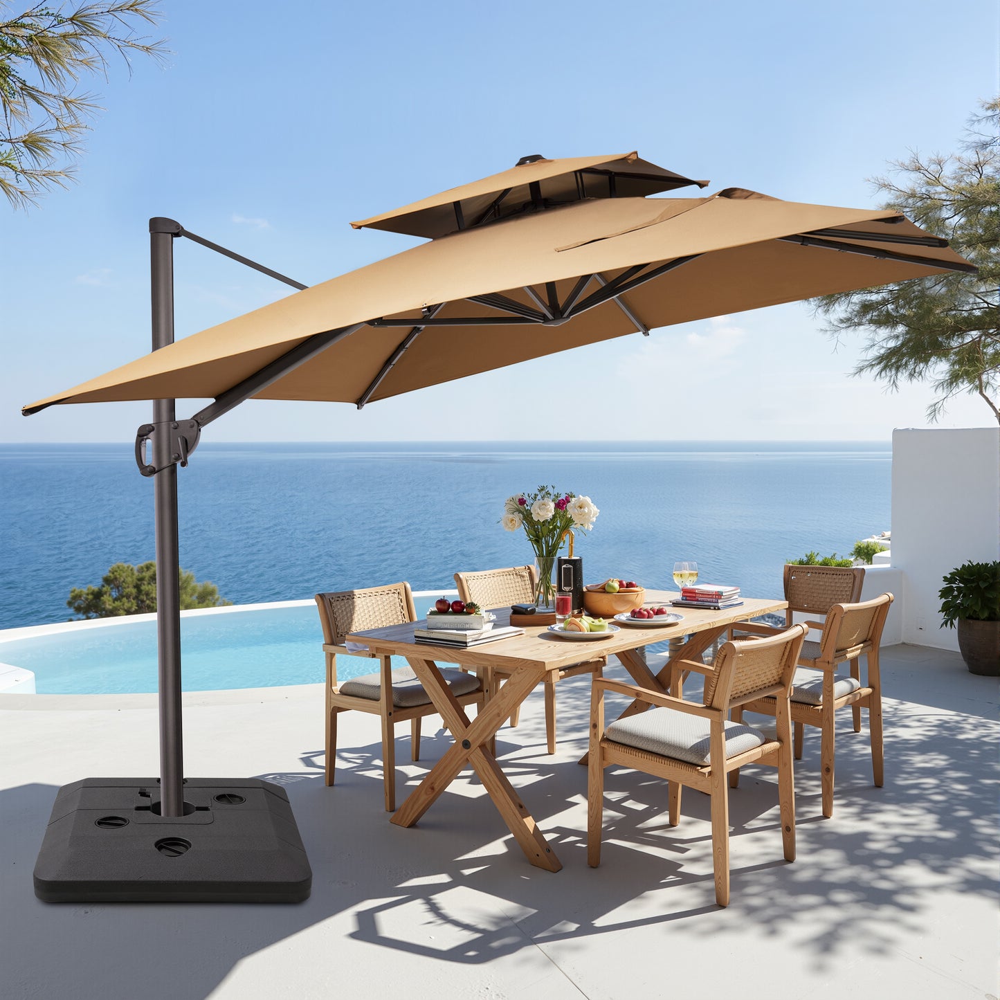 Crestlive Products 9x11ft Aluminum Double Top Crank Cantilever Patio Umbrella with Base