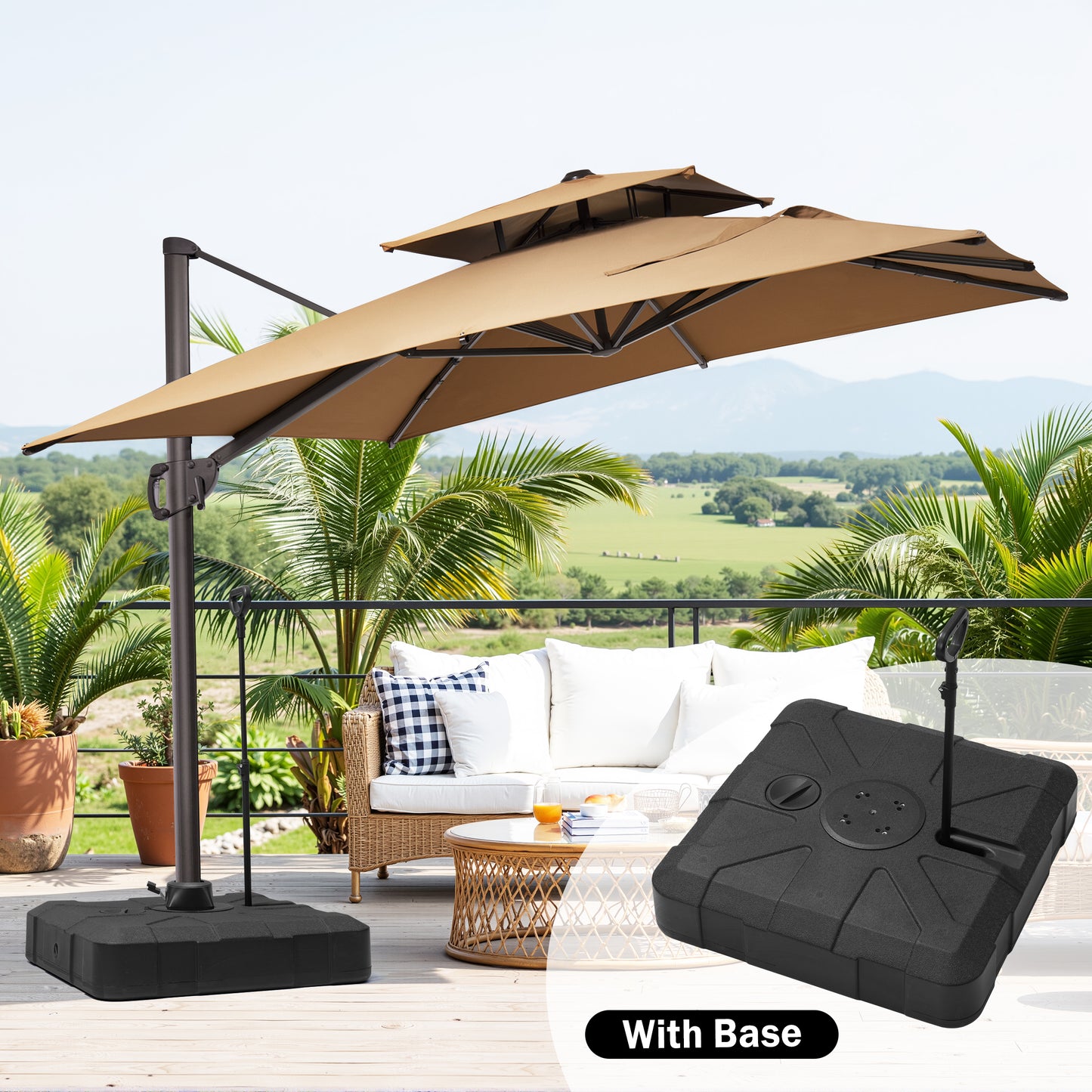 Crestlive Products 9x11ft Aluminum Double Top Crank Cantilever Patio Umbrella with Base