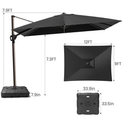 12x9 ft Aluminum Cantilever Patio Umbrella (Base Options)